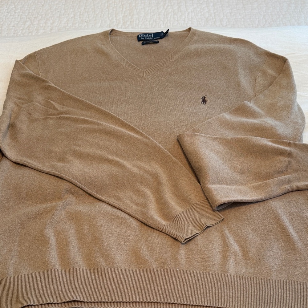 Polo by Ralph Lauren Men's V-Neck Sweater in Tan
